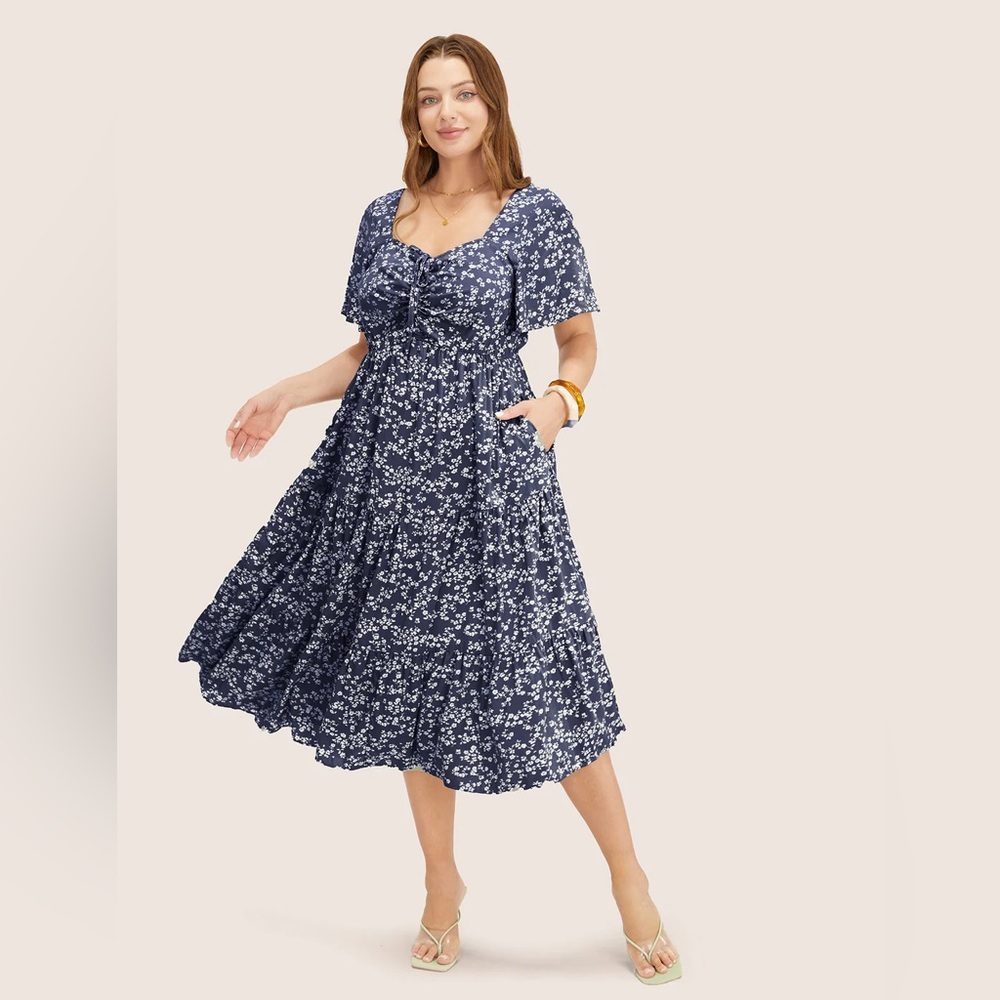NWT Floral Drawstring Ruched Pocket Ruffle Tiered Dress